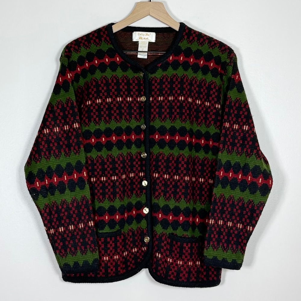 Tally Ho Womens Vintage Button Front Cardigan Sweater L Green Red Green Academia